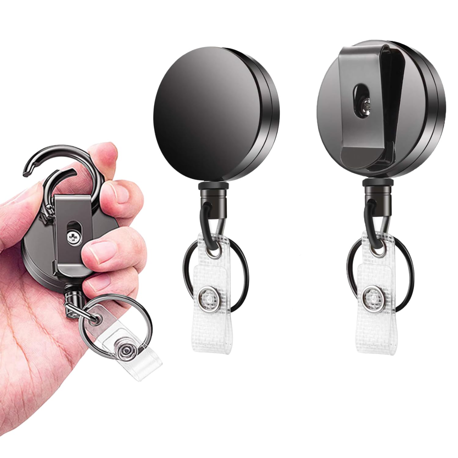 2 Pcs Id Card Pulley, Keychain, Heavy Duty Badge Reels Key Holder All Metal Casing Steel Wire Cord, Reinforced Id Strap with Belt Clip Key Ring for Name Card Black
