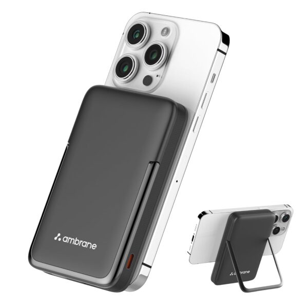 Ambrane 10000mAh MagSafe Powerbank with Stand 22.5W Wired & 15W Wireless Fast Charging Dual Input (Type-C & Lightning) | Triple Output | for iPhone 16/15/14/13/12 & Android...
