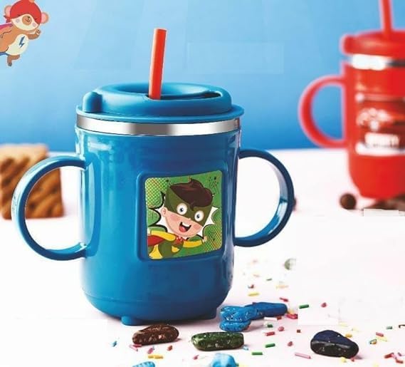 ASTIKAYA 300 ml Stainless Steel Kids Milk Sipper Mug with Straw,Double Wall Vacuum Insulated | Ideal for Personal & Corporate Gifting (Kids Sipper Mug)