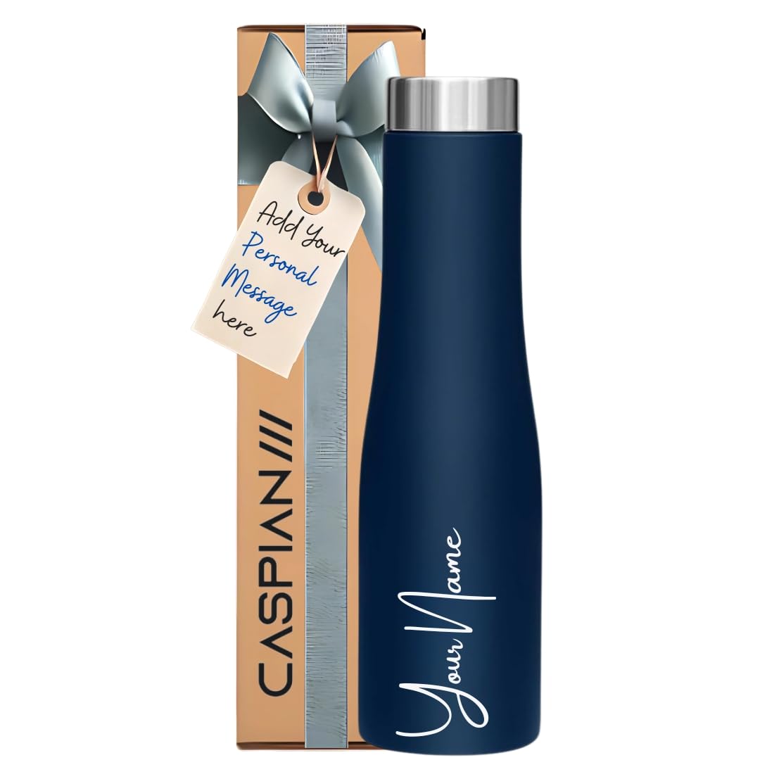 Caspian Aqua Customised Stainless Steel Water Bottle 1L, Blue with Logo Print - Personalised Water Bottle with Your Name Print for Kids Boys Girls School Office Gym- Perfect for...