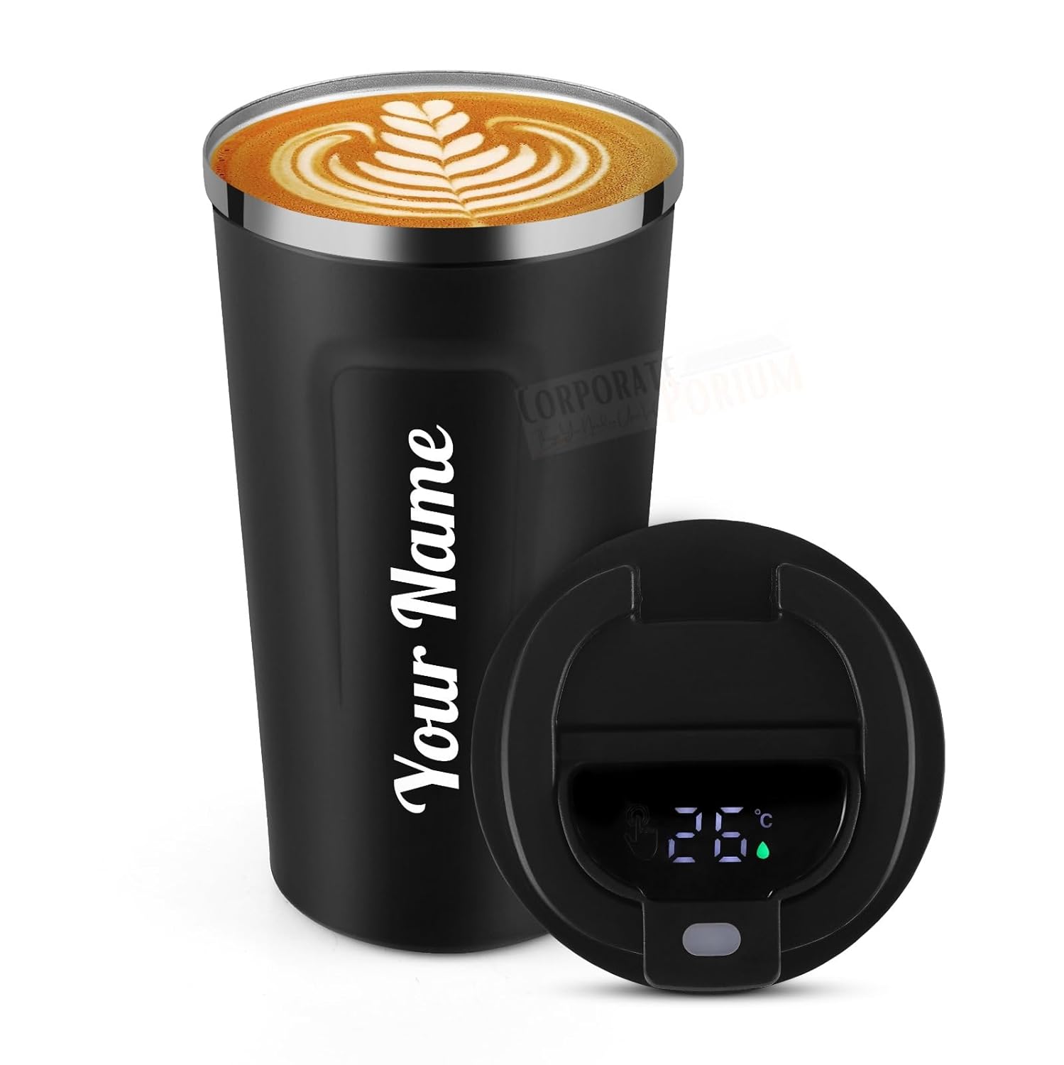 CORPORATE PORIUM Personalised Insulated Coffee Travel Mug with Touch Screen Digital Temperature Display Travel Flasks, 510 Ml, 304 Stainless Steel Reusable - Leak Proof, Thermal...