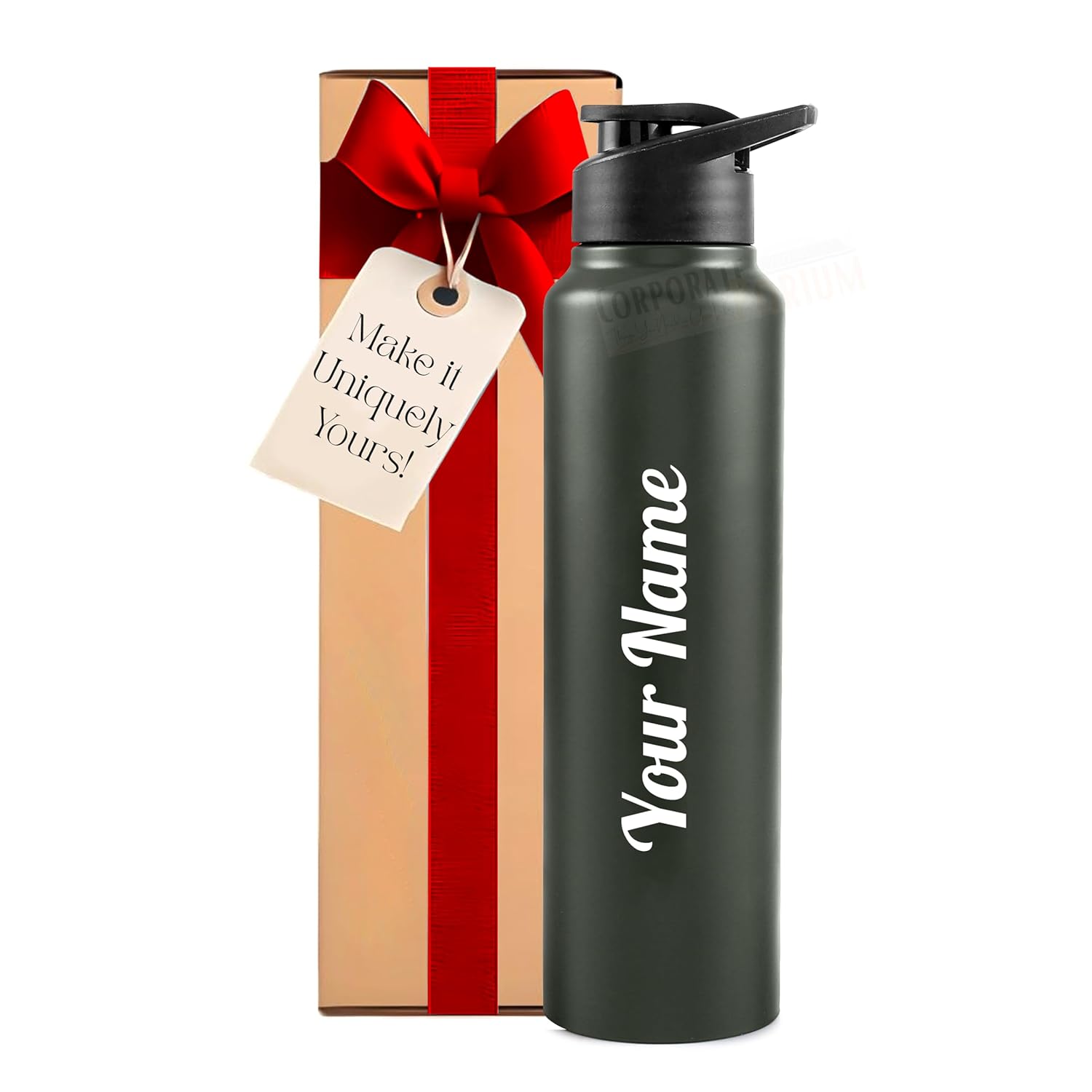 CORPORATE PORIUM Your Name Printed Curvy Stainless Steel Bottle | Capacity 1L Approx | Easy to Carry | Leakproof Bottle Personalized Gift Bottle | Laser Engraved (Red Customised...
