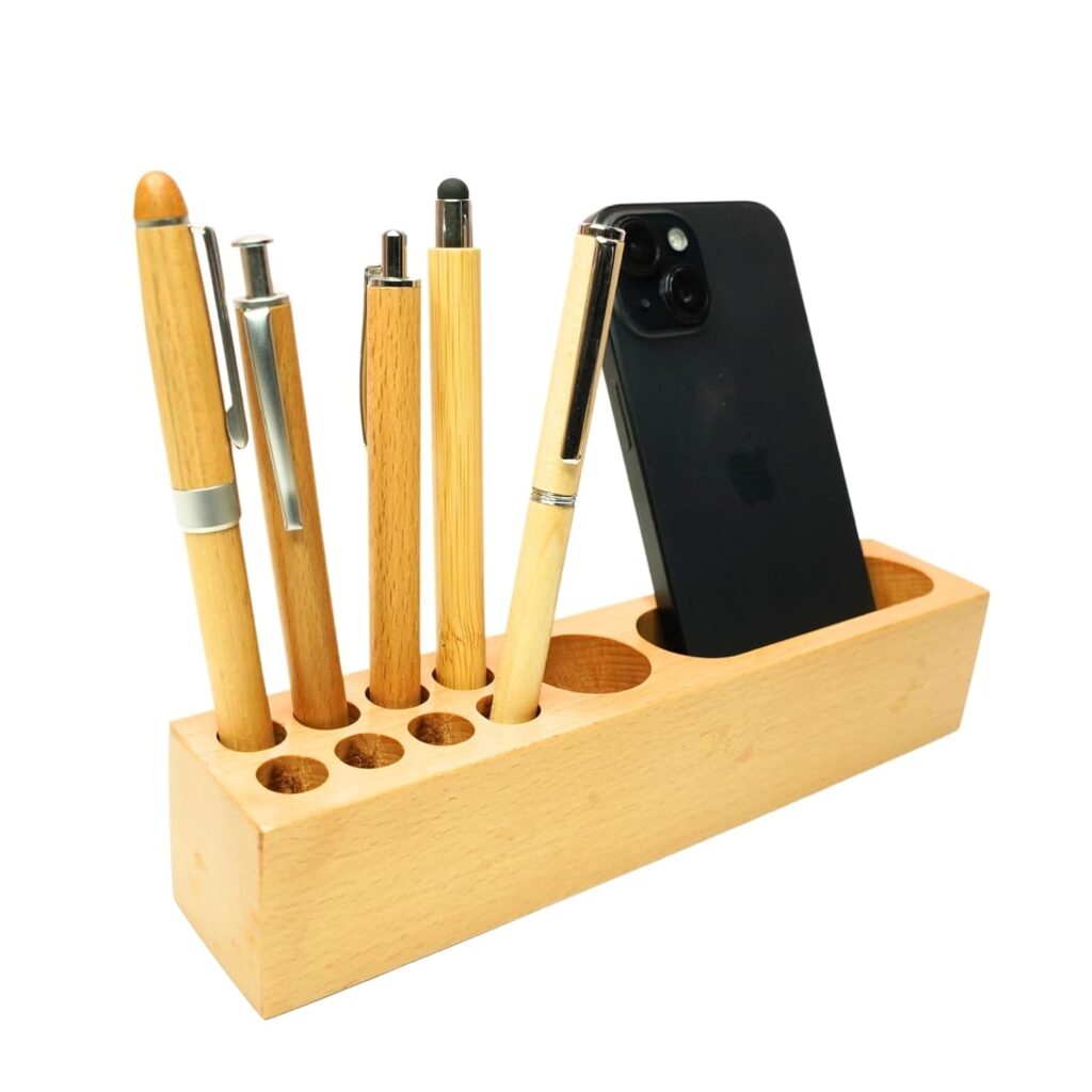 CRAFT CLOSET & GIFTS Personalized Steam Beech Wooden Desk Supplies Organizer with 8 Pen/Pencil Holder Stand & Mobile Holder For IAS, Advocates, Office & Corporate Gifts...