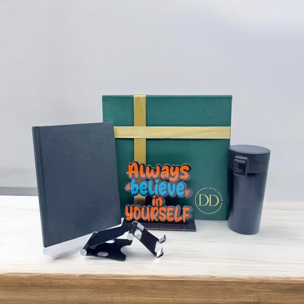 Dive Decor The Professional Touch Hamper - Motivational Wooden Quote Stand, Diary, Mobile Stand & Premium Sipper for Corporate Gift for Employee