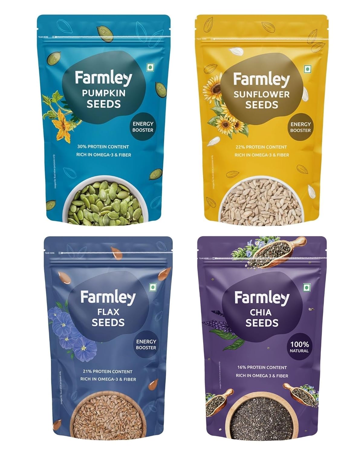 Farmley Edible Seeds Combo 800 g | Chia Seeds + Sunflower Seeds + Pumpkin Seeds + Flax Seeds | Superfood Mix for Healthy Eating | Rich in Protein & Fiber (200g, each)