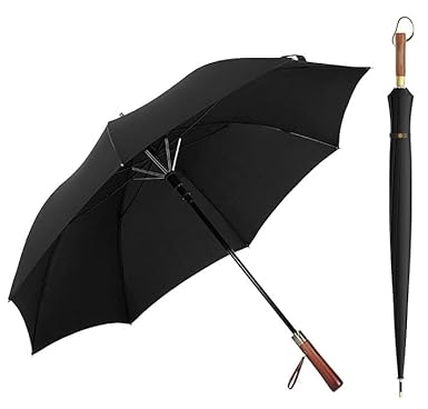 FLYNGO Umbrella for Rain Big Size, Premium Wooden Handle Golf Umbrella for Sun UV Protection and Heavy Rain, Windproof 8-Rib Fiberglass Frame, One-Click Auto Open