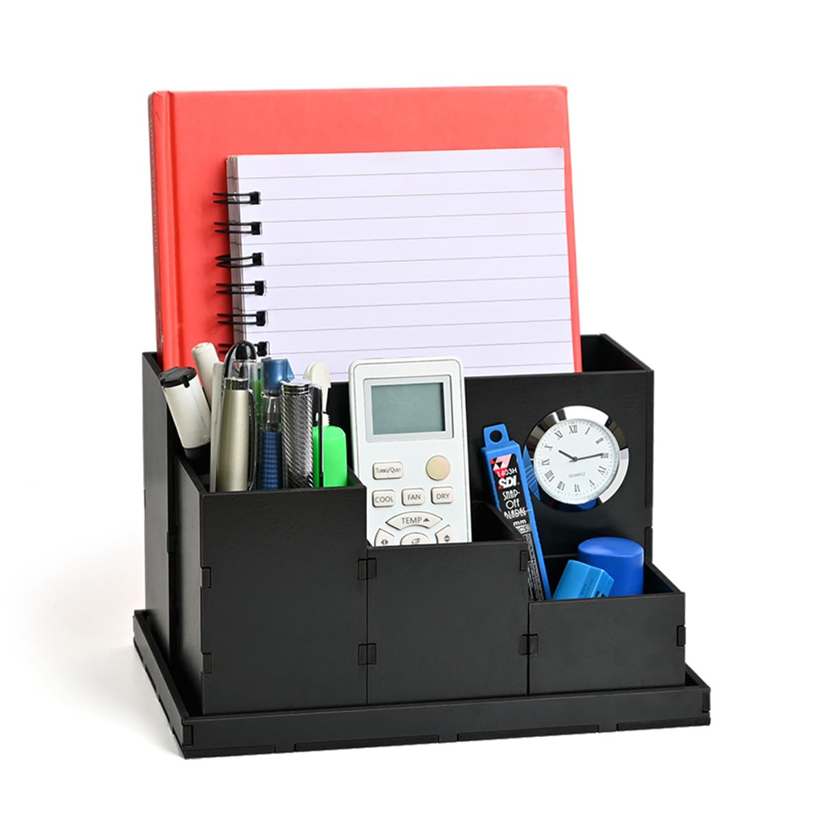 Gift Kya De Wood Gkd Desk Organizer With Clock Stylish Table Organizer For office Desk 4 Compartments With Proper Storage Box For All Stationary Items, Unique Corporate Gifts...