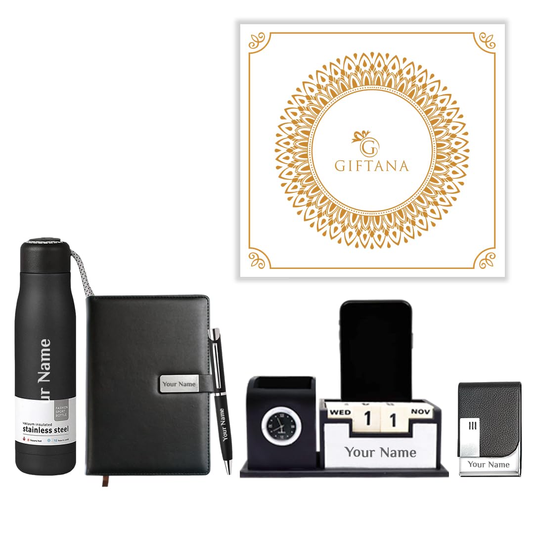 Giftana 5 in 1 Personalized Desk Organizer with Flask Bottle 500ml, Leather Diary, Pen, Card holder Gift Set for Men and Women, Office, New Year Corporate Gifts for Employees,...