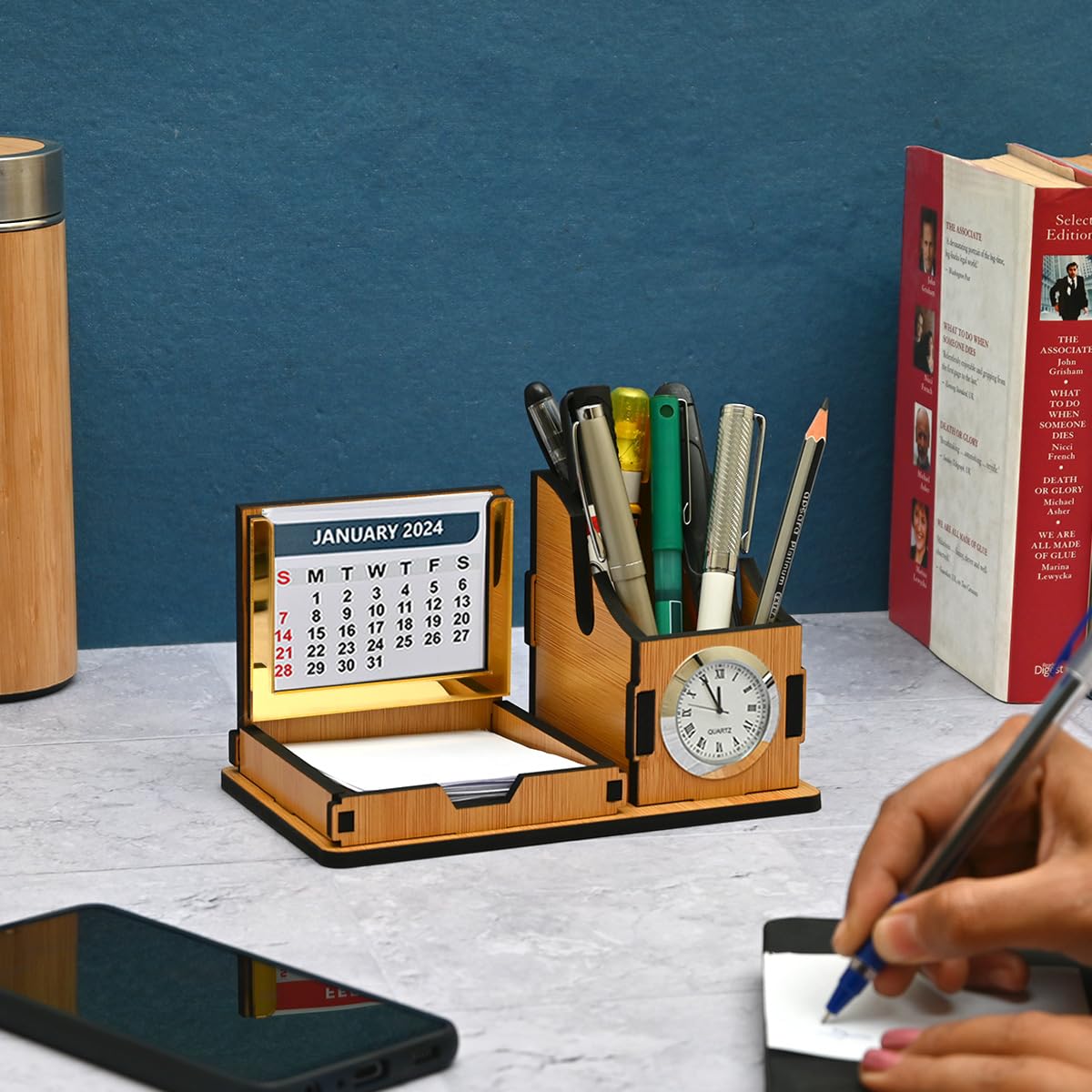GKD Desk Organizer With Clock & Calendar/Office Table Accessories/ 2025 Calendar For Office Desk Wooden Pen Stand With Clock/Corporate Gift/Ecofriendly (Bamboo)