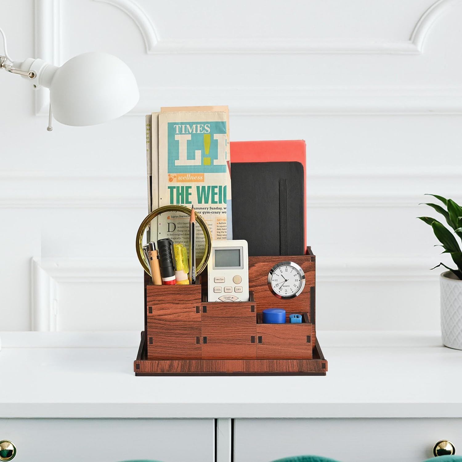 GKD Desk Organizer with Clock stylish table organizer for office desk 4 compartments with proper storage box for all stationary items, unique corporate gifts (Wood Clock)