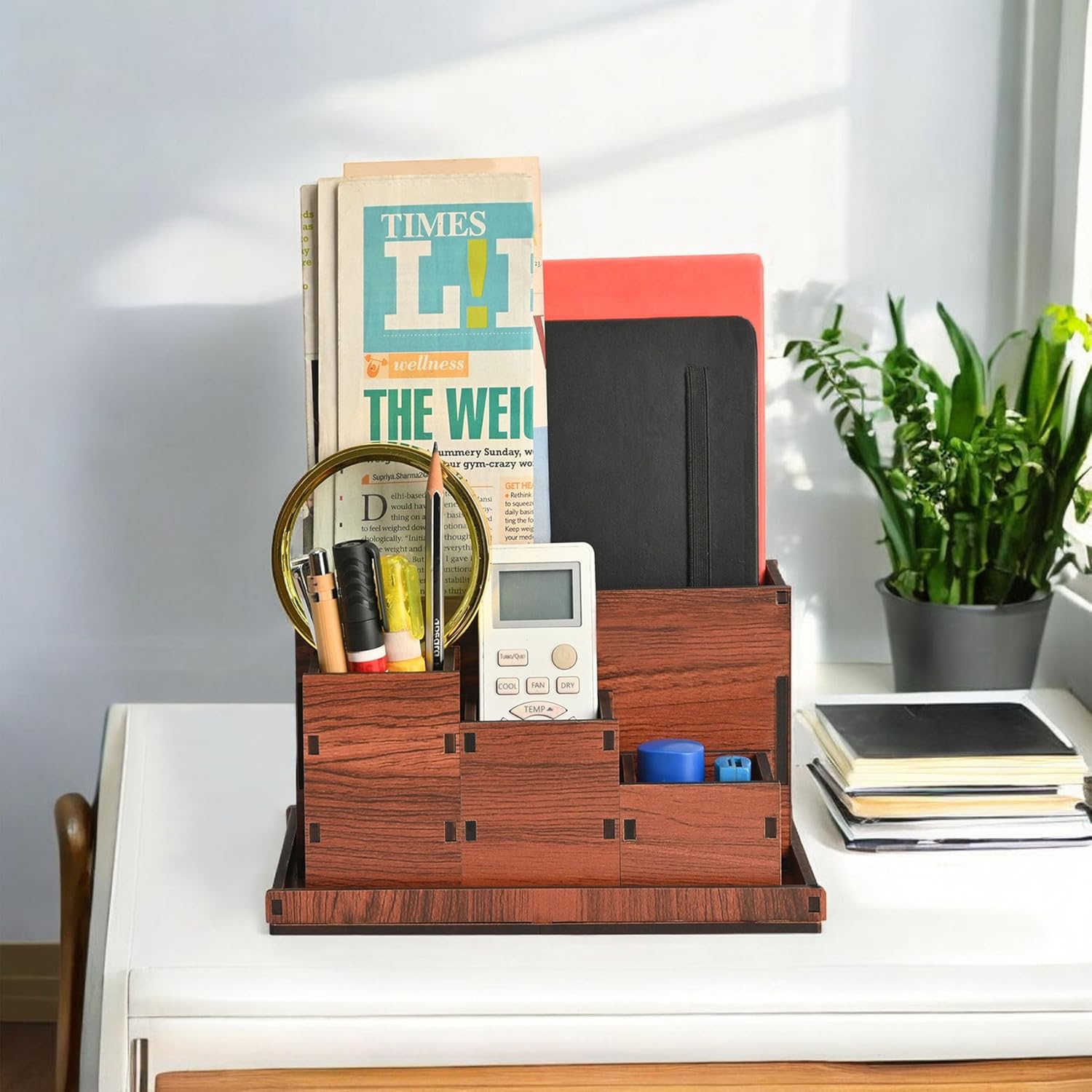 GKD Desk Organizer with Clock stylish table organizer for office desk 4 compartments with proper storage box for all stationary items, unique corporate gifts (Wood)