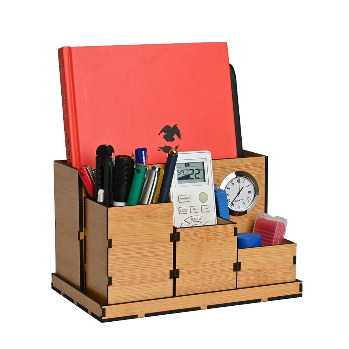 GKD Desk Organizer with Clock stylish table organizer for office desk 4 compartments with proper storage box for all stationary, unique corporate gifts (Bamboo Ecofriendly)