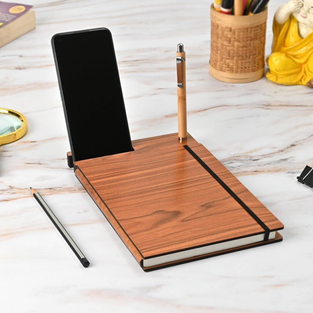 GKD Wooden Diary with Mobile Holder & Pen Stand | Smart Diary Includes Wooden Pen | Executive Notebook | Useful Gift For Office, Corporate & Personal Use (Wood)