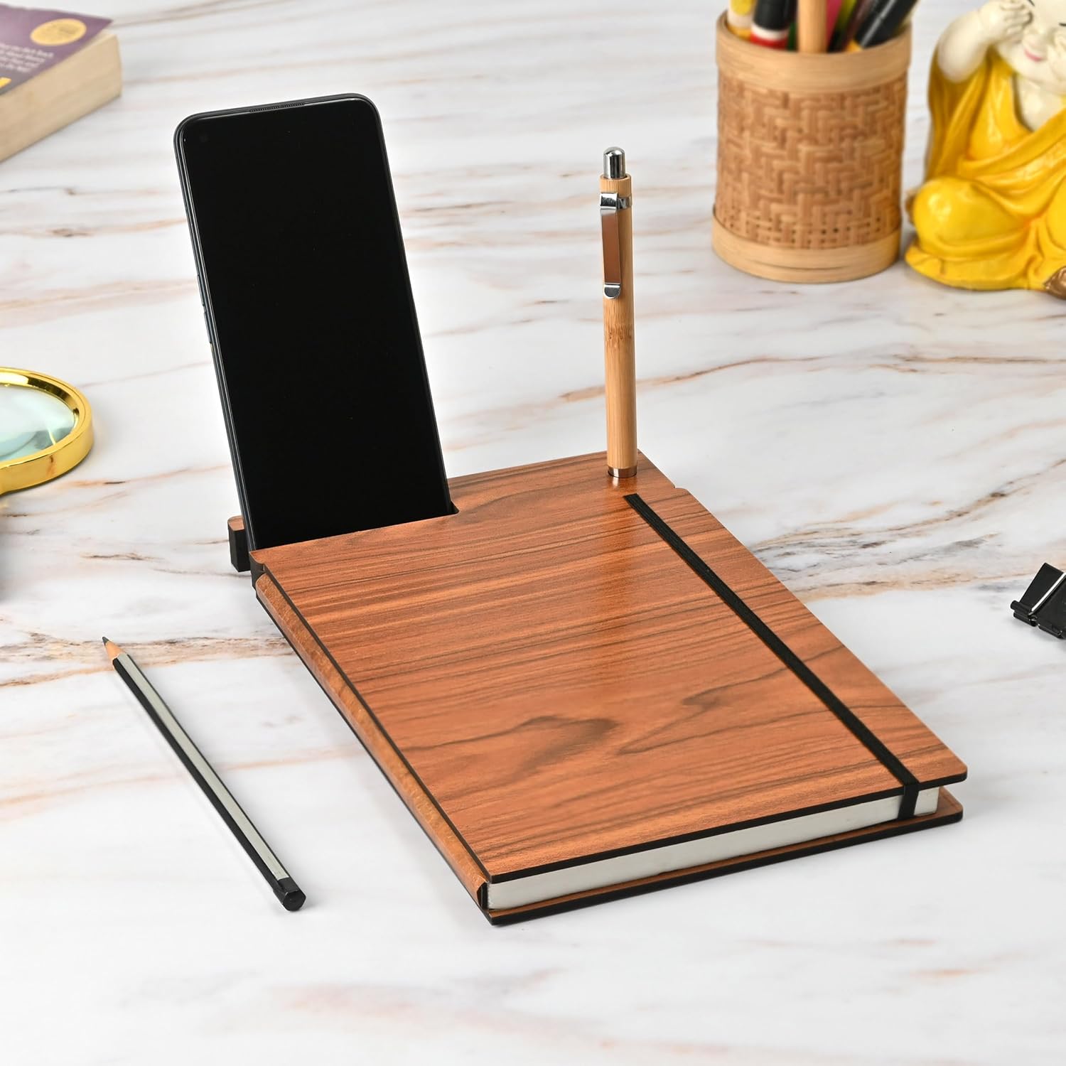 GKD Wooden Diary with Mobile Holder & Pen Stand | Smart Diary Includes Wooden Pen | Executive Notebook | Useful Gift For Office, Corporate & Personal Use (Wood)