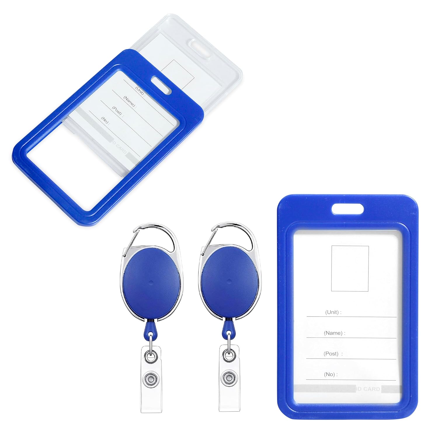 GLUN® Pack of 2 Sliding Badge Holders (Vertical), Blue Vertical Card Cases with Retractable Reels & Carabiners for Office, School ID, Credit, Key Cards, & Driver’s License
