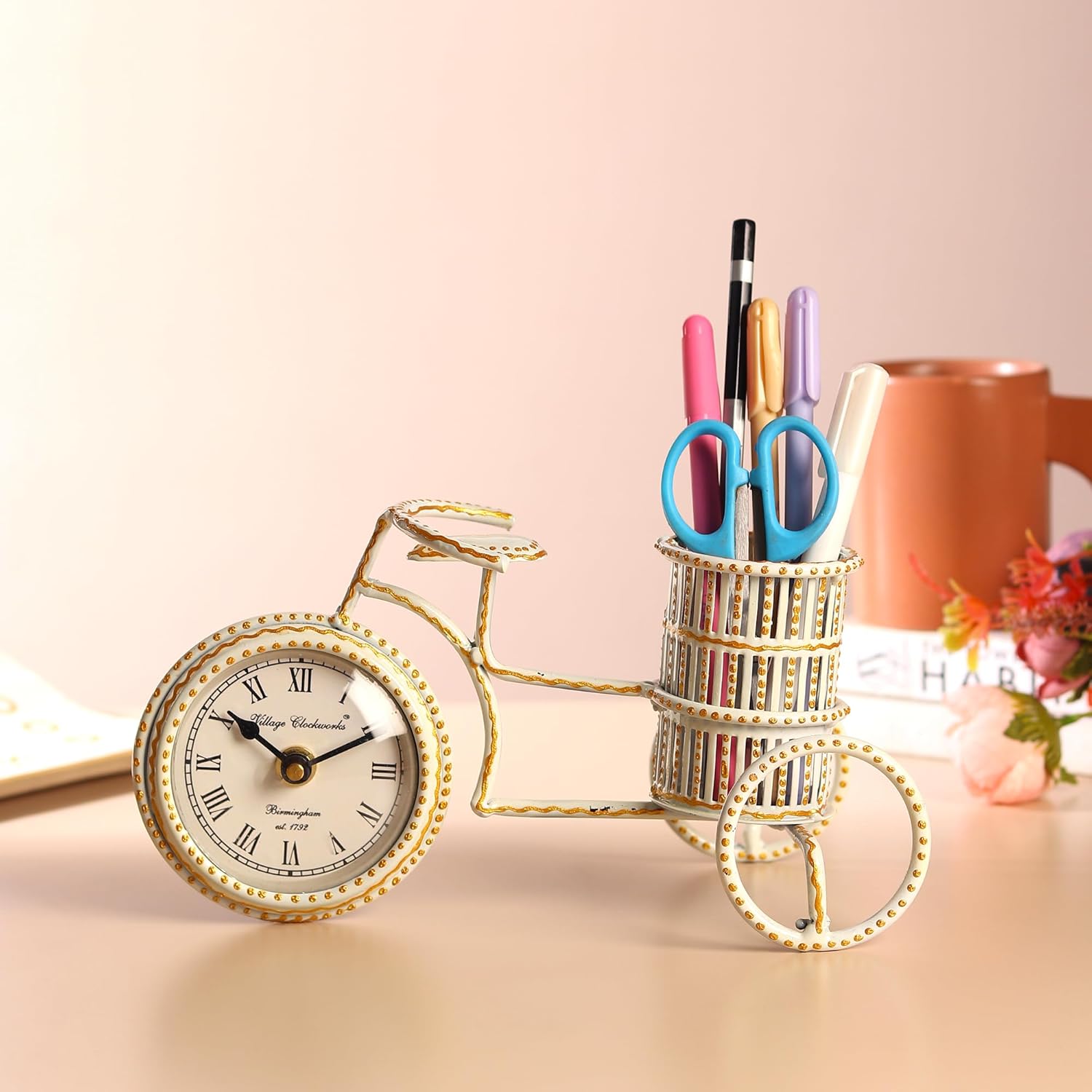 Habere India-All the Cultures Fabricating India Pen Holder Table Decor for Office | Corporate Gift | Gift For Office Desk | Gifting Desk Organiser | Table Organiser With Clock