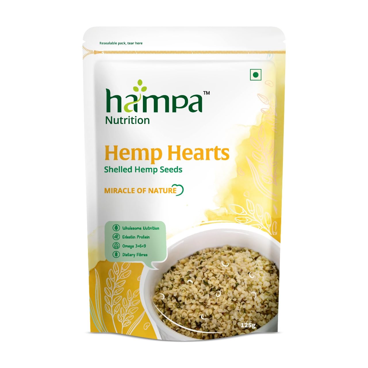 Hampa Hemp Hearts - 125g | Himalayan Shelled Hemp Seeds for Eating | Healthy Snack | 35g Plant Protein | 38g Good Fats - Omega 3,6,9 | Dietary Fibres | Wholesome Nutrition |...