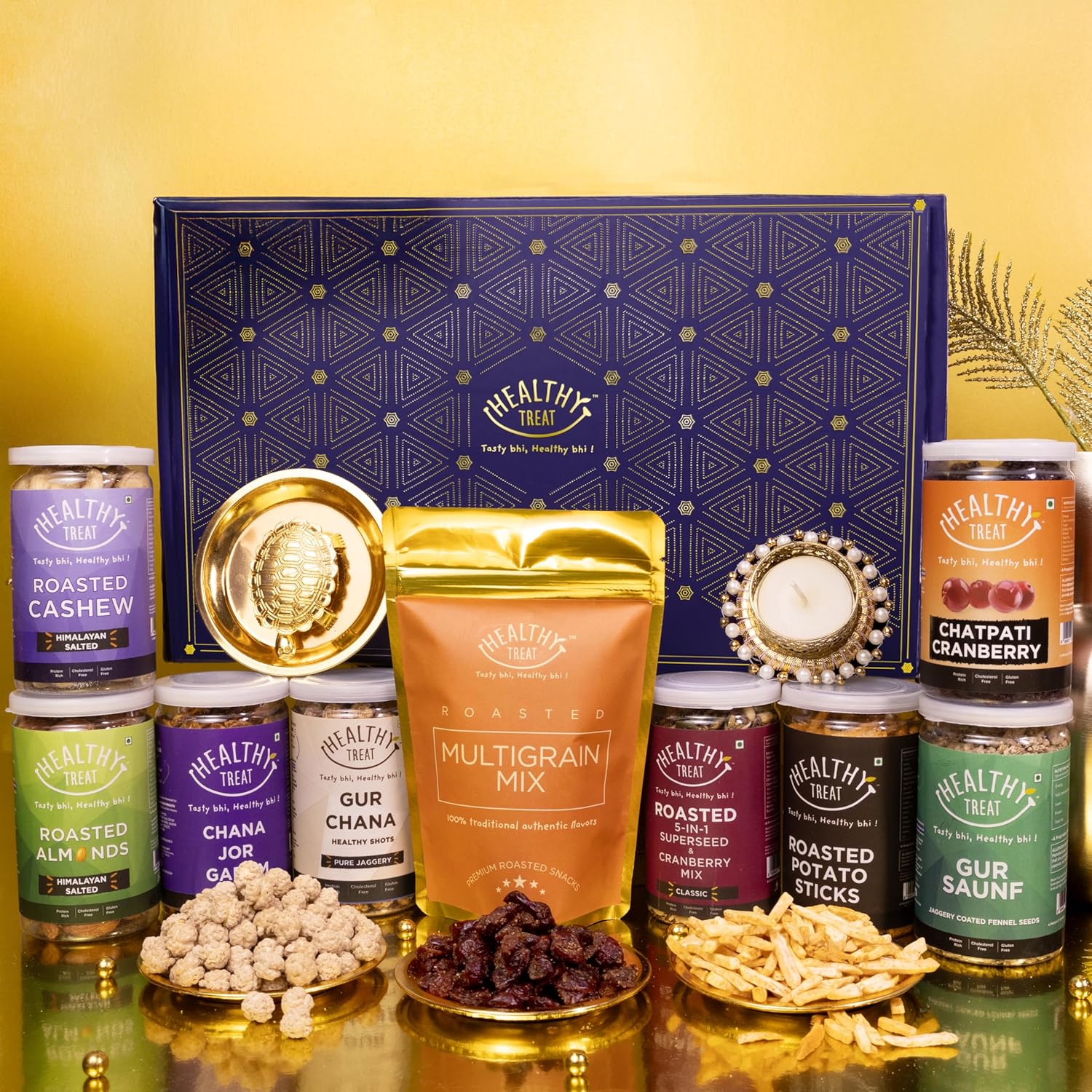 Healthy Treat Grand Gift Hamper | Roasted Dry fruits, Healthy Snacks, Gift Box with Vastu Turtle, and Brass Diya | Wholesome Corporate Gifting | Festival Gift Hampers |...