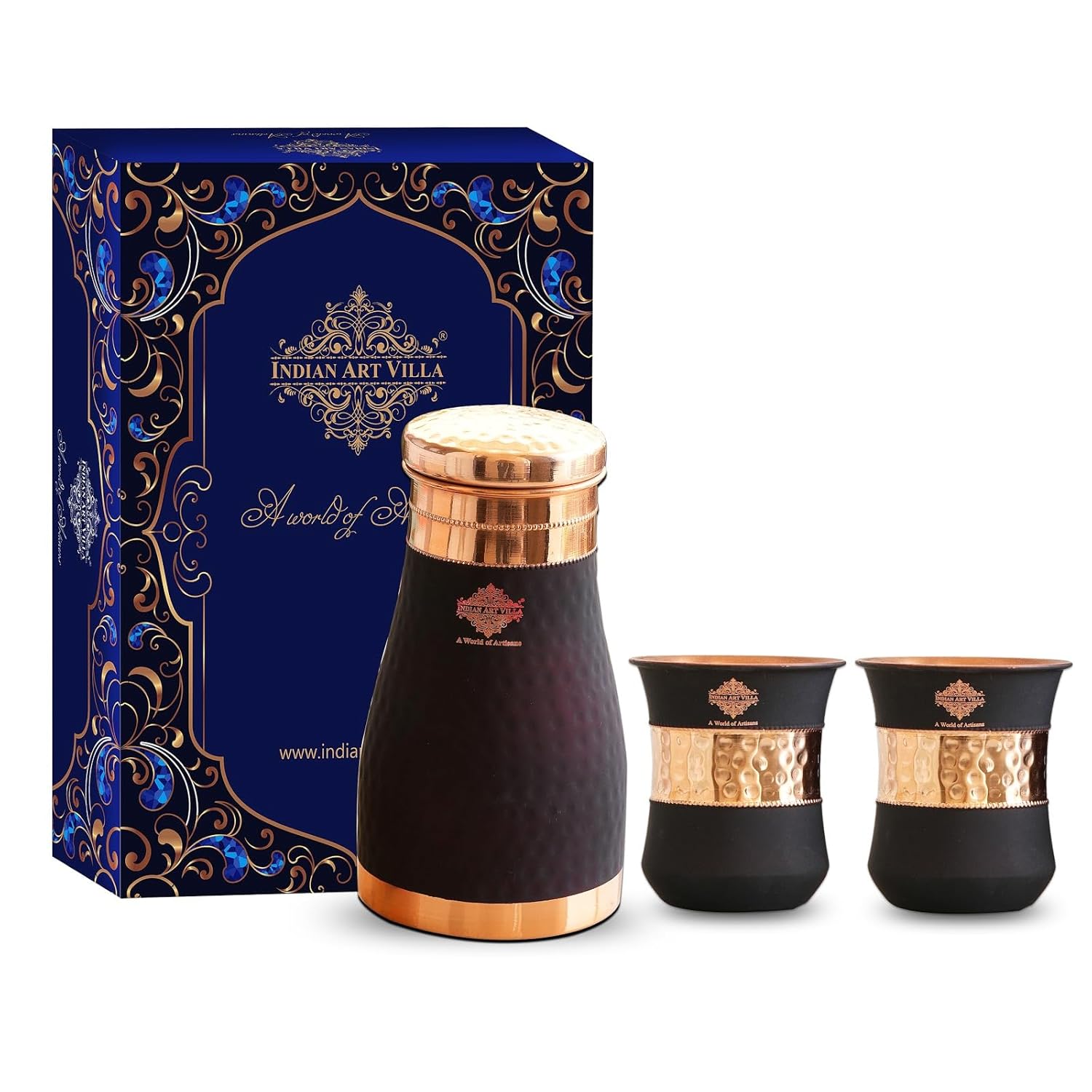 INDIAN ART VILLA Copper Bedroom Bottle & Glass Set - Black Silk Finish, 1100 ml - Elegant Drinkware Gift Set