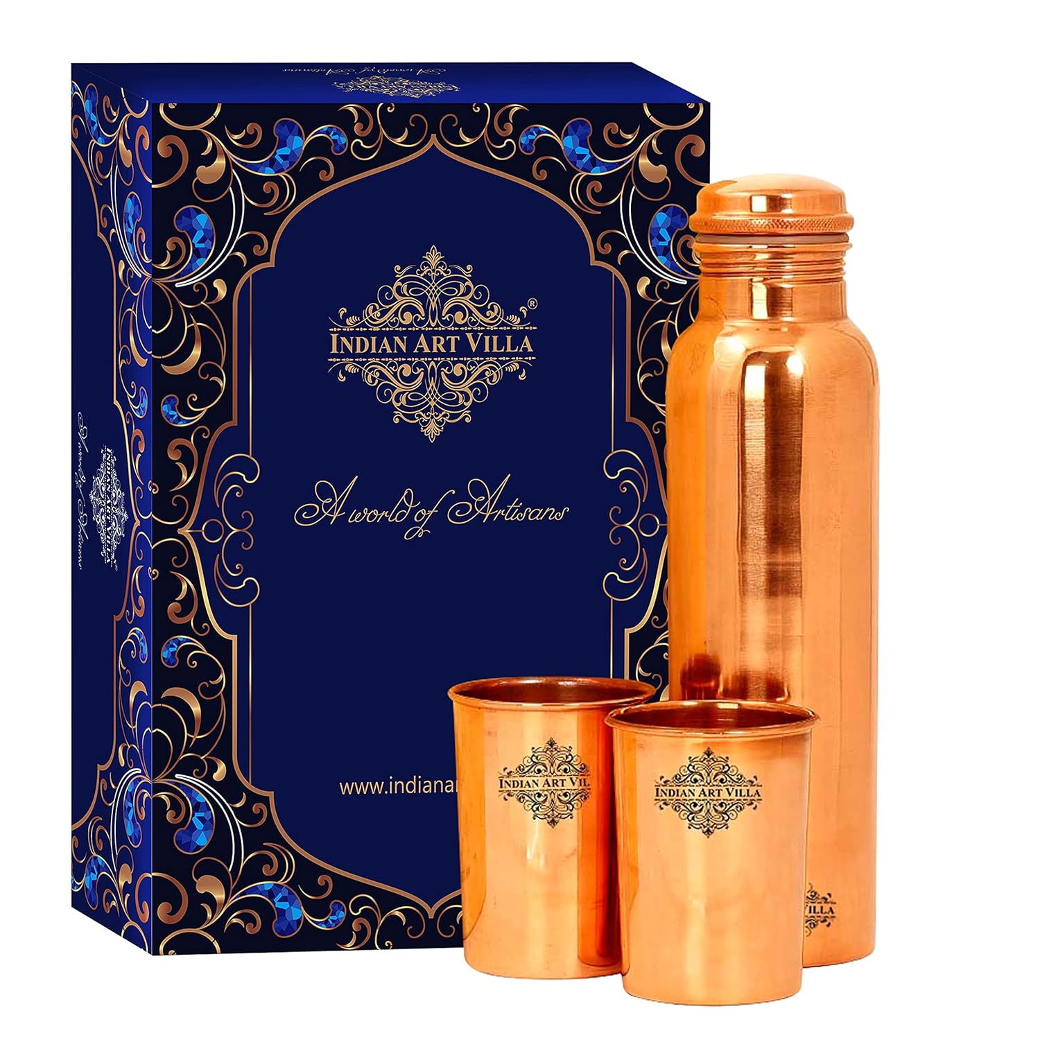 INDIAN ART VILLA Copper Drinkware Gift Set of Plain Shine Finish Design 1 Bottle & 2 Glass with Royal Blue Gift Box, Bottle-1 Liter & Glass-300 ml
