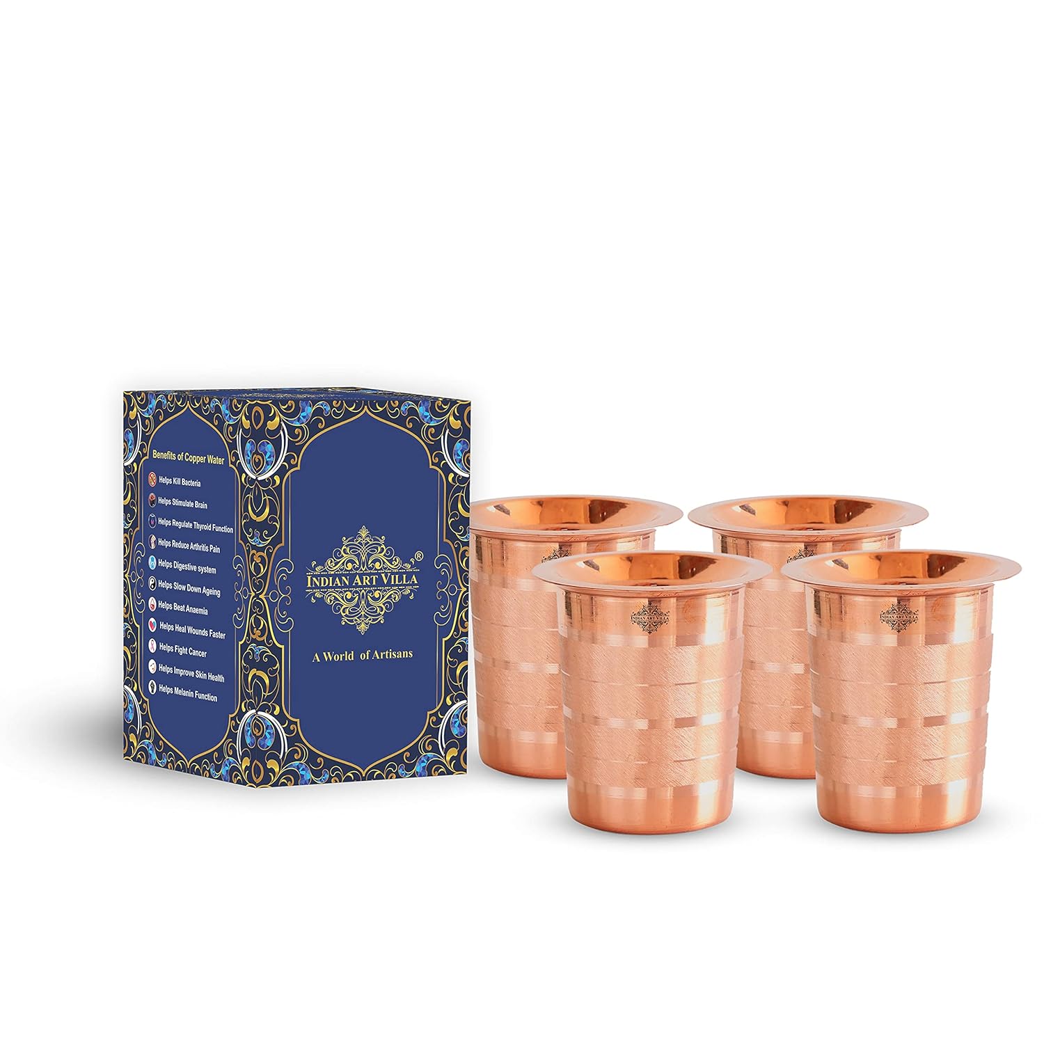 INDIAN ART VILLA Copper Glass Tumbler Cup with Lid Set, Drinkware Home Restaurant, Yoga Ayurveda, 300 ML Each, 4 Pieces