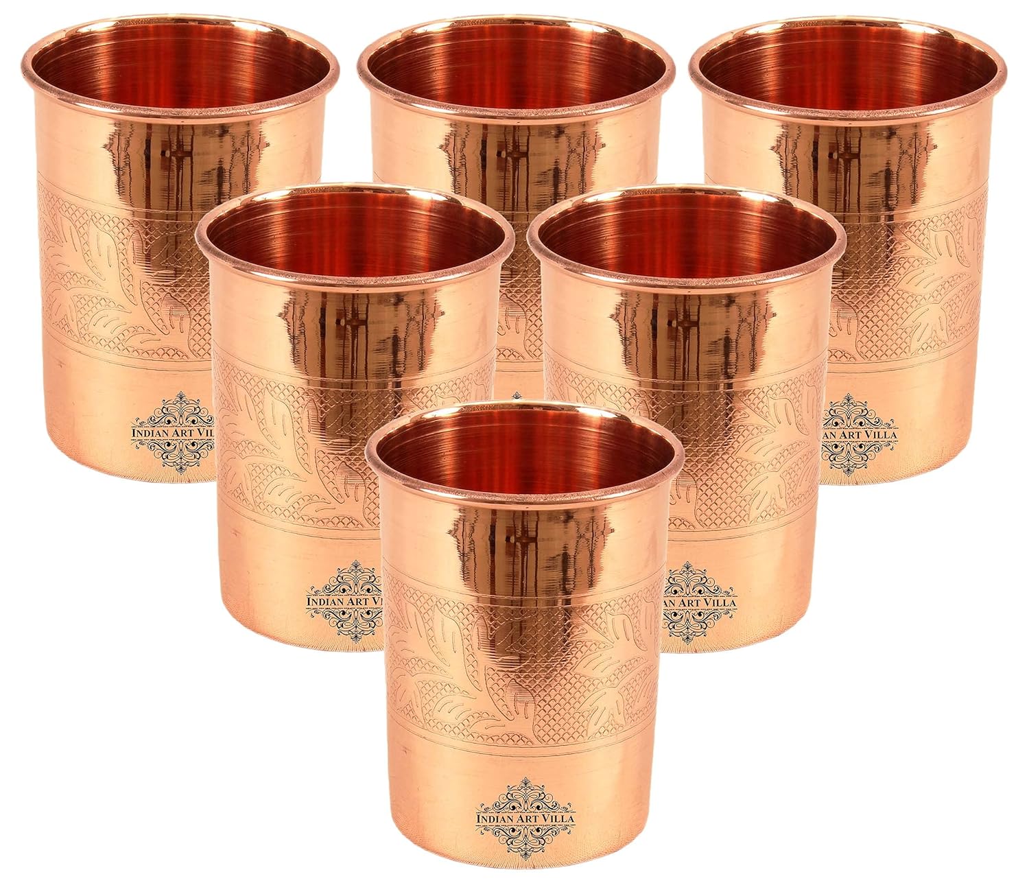 INDIAN ART VILLA Copper Water Glasses with Embossed Design, Drinkware & Serveware, Ayurvedic Health Benefits, 300 ml Capacity, Set of 6