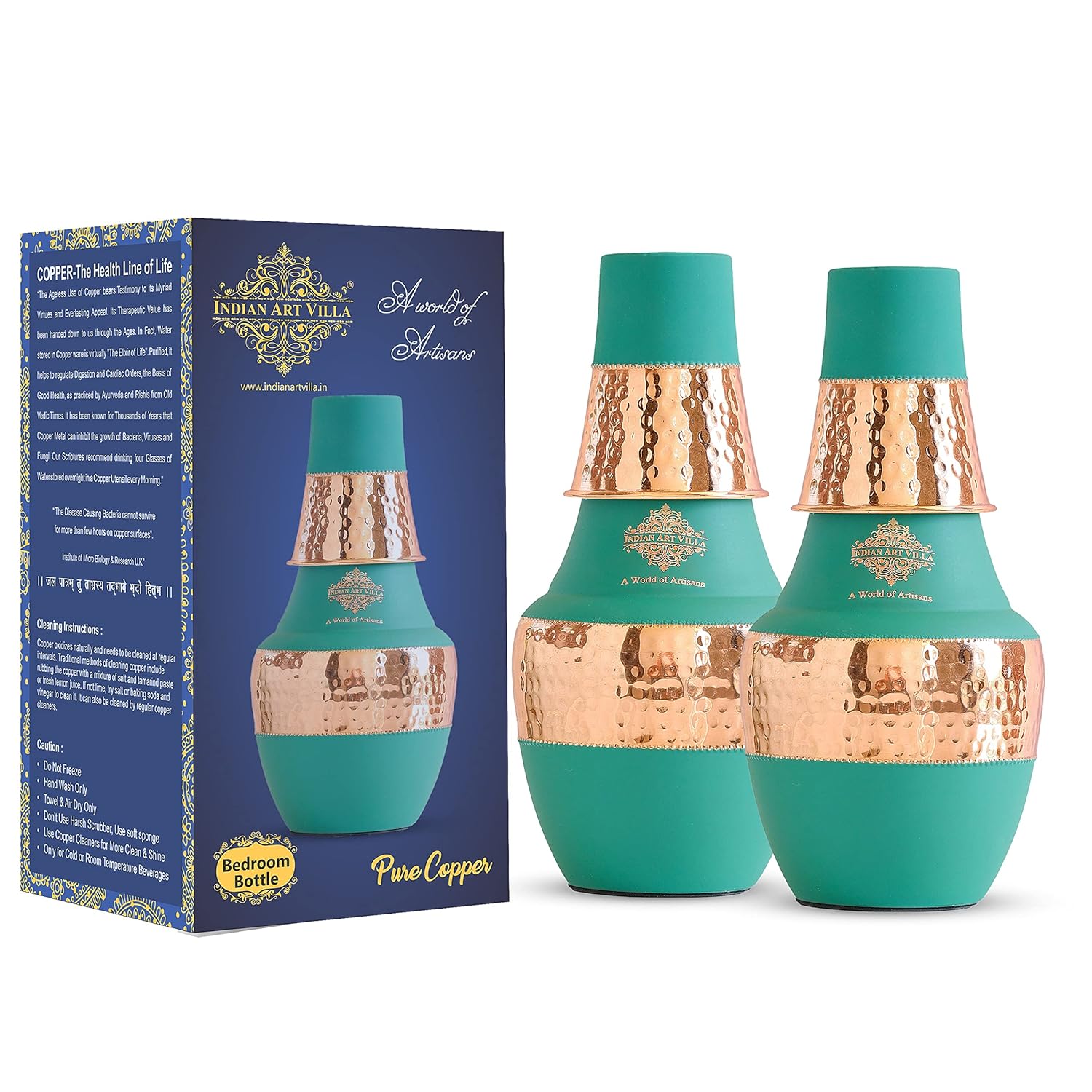 INDIAN ART VILLA Pure Copper Bedroom Bottle with Inbuilt Glass, Surahi Design Green Half Silk Half Hammered Finish, Drinkware & Storage Purpose - Volume 1.25 Litre (Pack of 2)