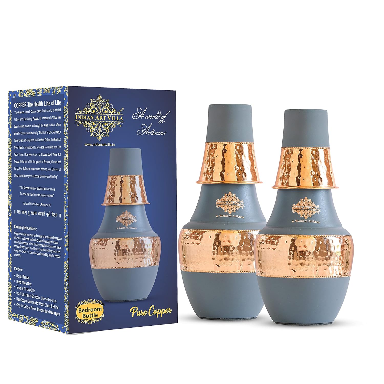 INDIAN ART VILLA Pure Copper Bedroom Water Bottle with Inbuilt Glass, Surahi Design Grey Half Silk Half Hammered Finish - Storage & Drinkware, Volume 1.25 litre (Pack of 2)