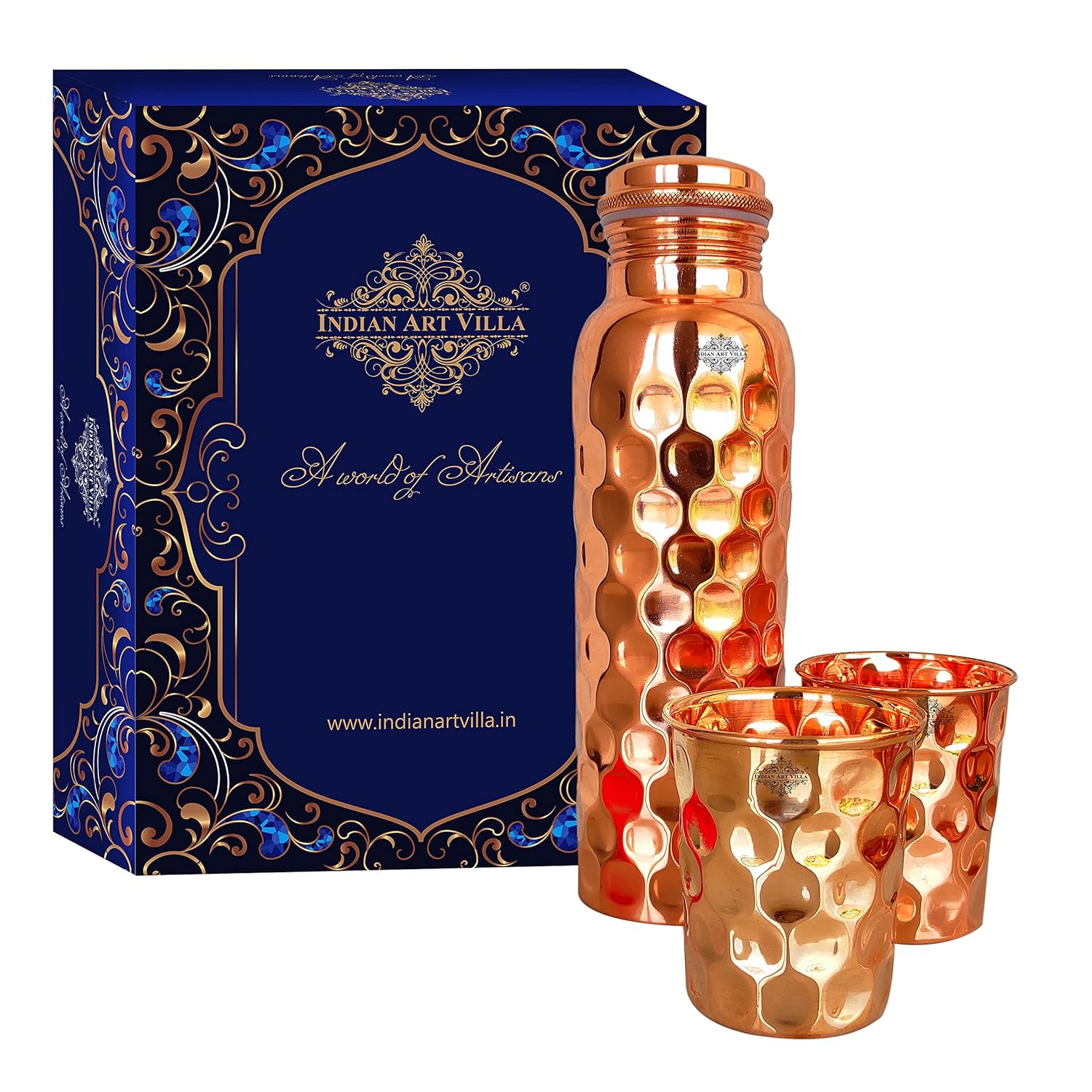 INDIAN ART VILLA Pure Copper Drinkware Gift Set of Diamond Hammered Design 1 Bottle & 2 Glass with Royal Blue Gift Box, Gift Item for Diwali, Bithday & Parties, Bottle-1 Liter &...