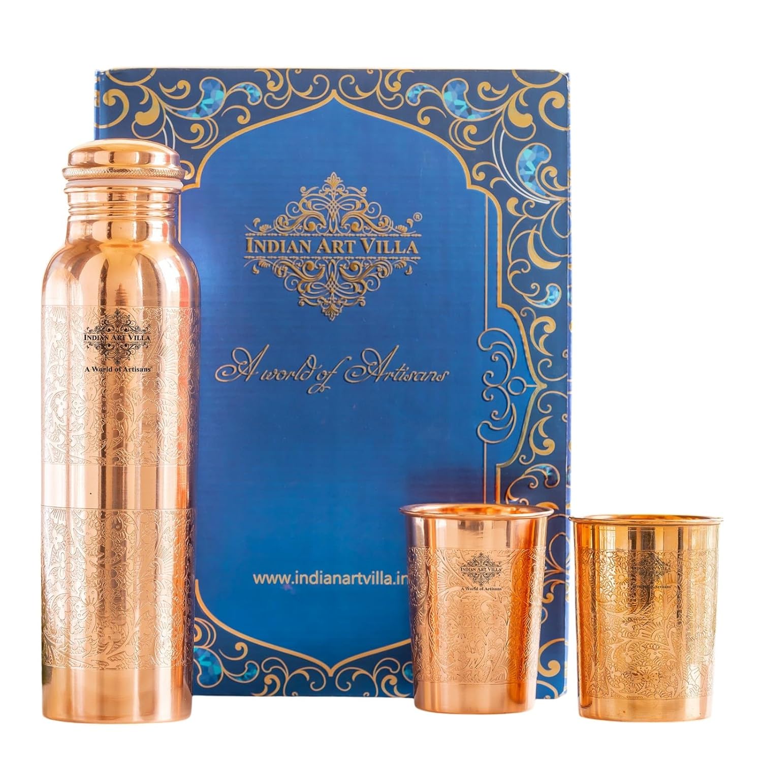 INDIAN ART VILLA Pure Copper Drinkware Gift Set of Embossed Design 1 Bottle & 2 Glasses with Royal Blue Box, Gifting Item for Diwali, Birthday & Parties, Bottle-1000 ml &...