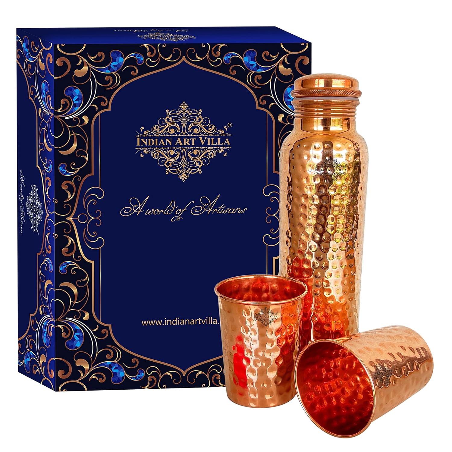 INDIAN ART VILLA Pure Copper Drinkware Gift Set of Hammered Design 1 Bottle & 2 Glass with Royal Blue Gift Box, Gift Item for Diwali, Bithday & Parties, Bottle-1 Liter &...