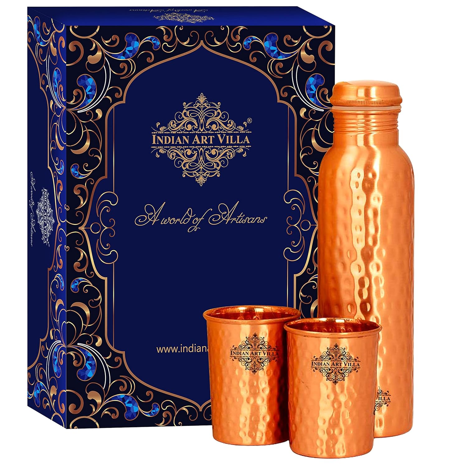 INDIAN ART VILLA Pure Copper Drinkware Gift Set of Hammered Matt Finish Design 1 Bottle & 2 Glass with Blue Gift Box, Bottle-600 ml & Glass-300 ml