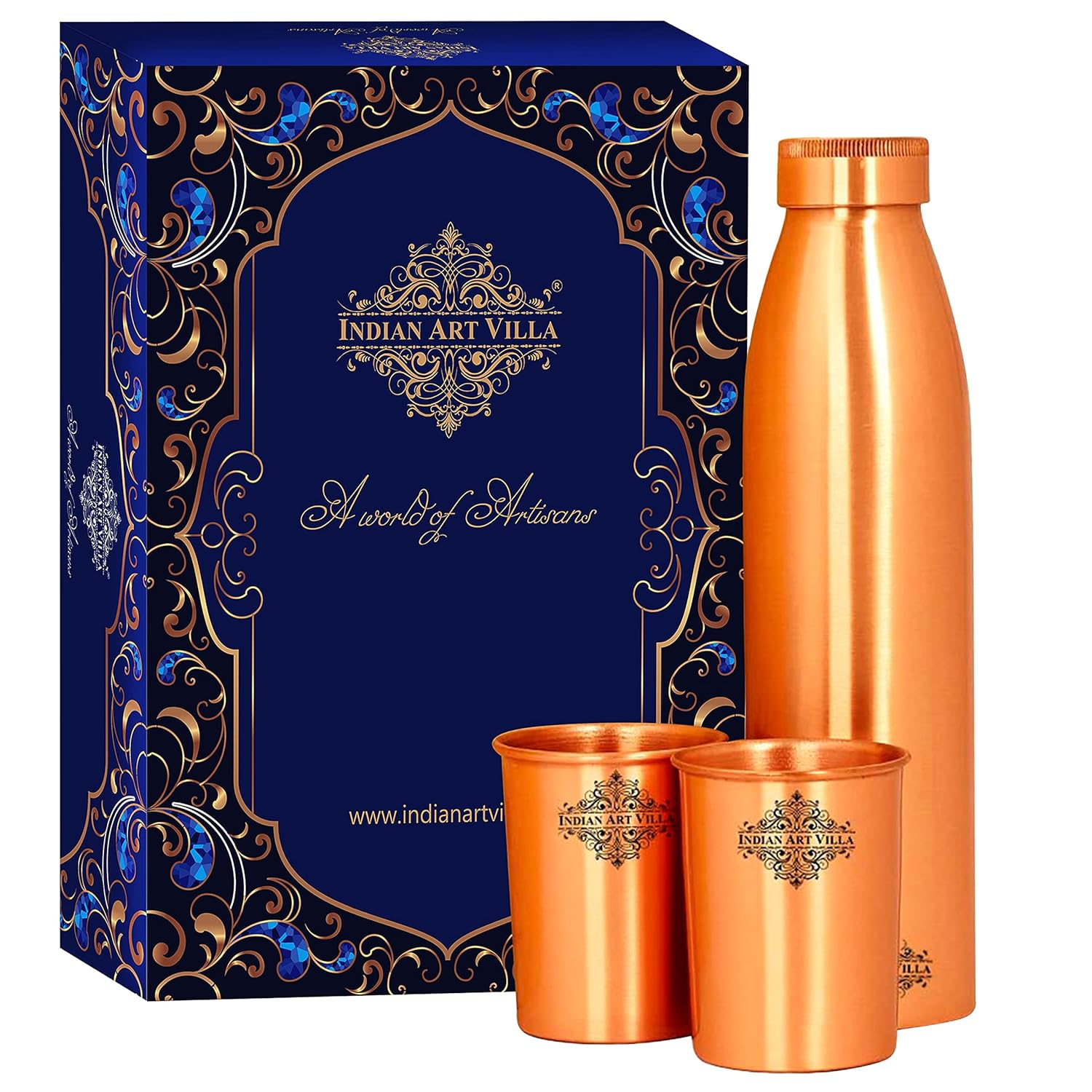 INDIAN ART VILLA Pure Copper Drinkware Gift Set of Seamless Design 1 Bottle & 2 Glass with Royal Blue Gift Box, Gift Item for Diwali, Bithday & Parties, Bottle-1 Litre &...