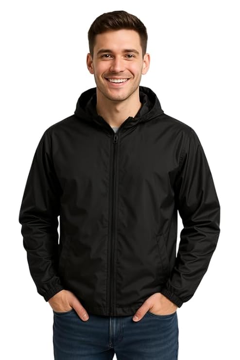 Krystle Windproof & Water-Resistant Men’s Hooded Rain Jacket – Black(Medium)
