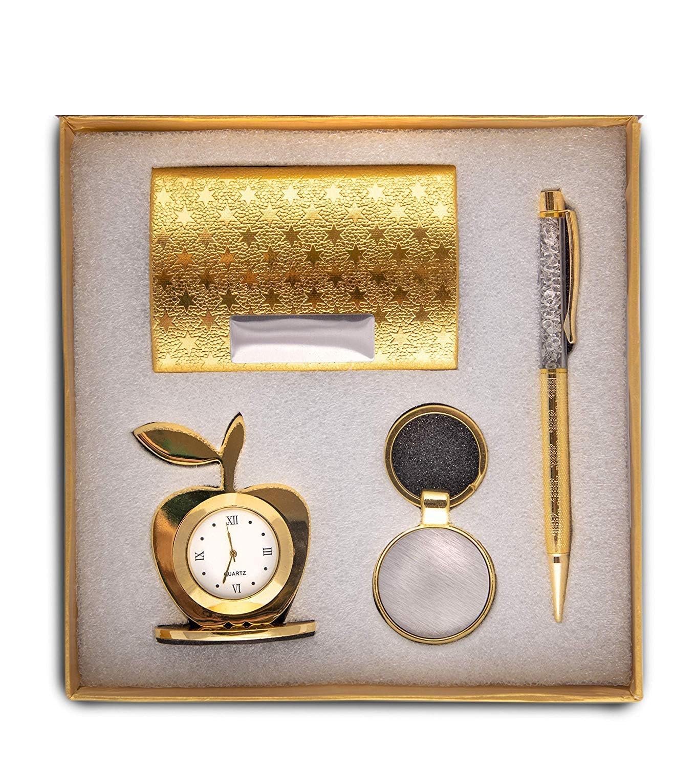 Lavanaya Silver 4 In 1 Gift Set With Table Clock, Metal Keychain, Card Holder And Crystal Pen Set For Corporate Gifting Diwali Gifting - Analog