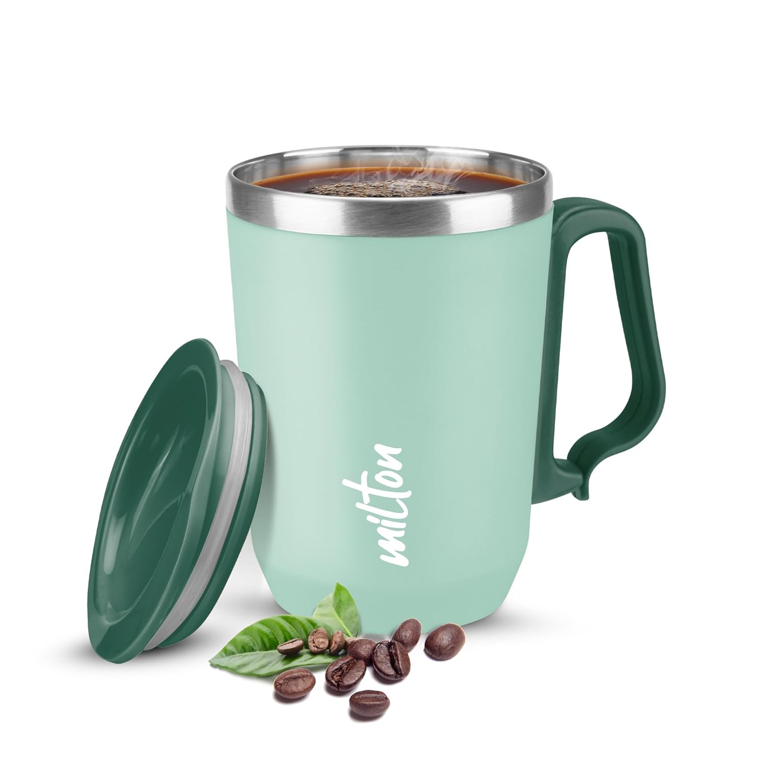 MILTON Cool Touch Coastal Coffee Mug 350 Double Walled 300 ml Inner Stainless Steel Tea Mug and Lid, Coffee Mug Travel Tea Cup, Black Coffee, Single, Aqua Green