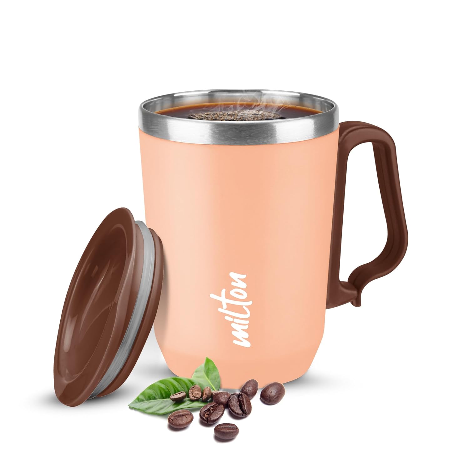 MILTON Cool Touch Coastal Coffee Mug 350 Double Walled 300 ml Inner Stainless Steel Tea Mug and Lid, Coffee Mug Travel Tea Cup, Black Coffee, Single, Peach