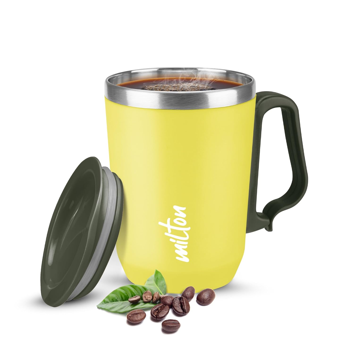 MILTON Cool Touch Coastal Coffee Mug 350 Double Walled 300 ml Inner Stainless Steel Tea Mug and Lid, Coffee Mug Travel Tea Cup, Black Coffee, Single, Yellow