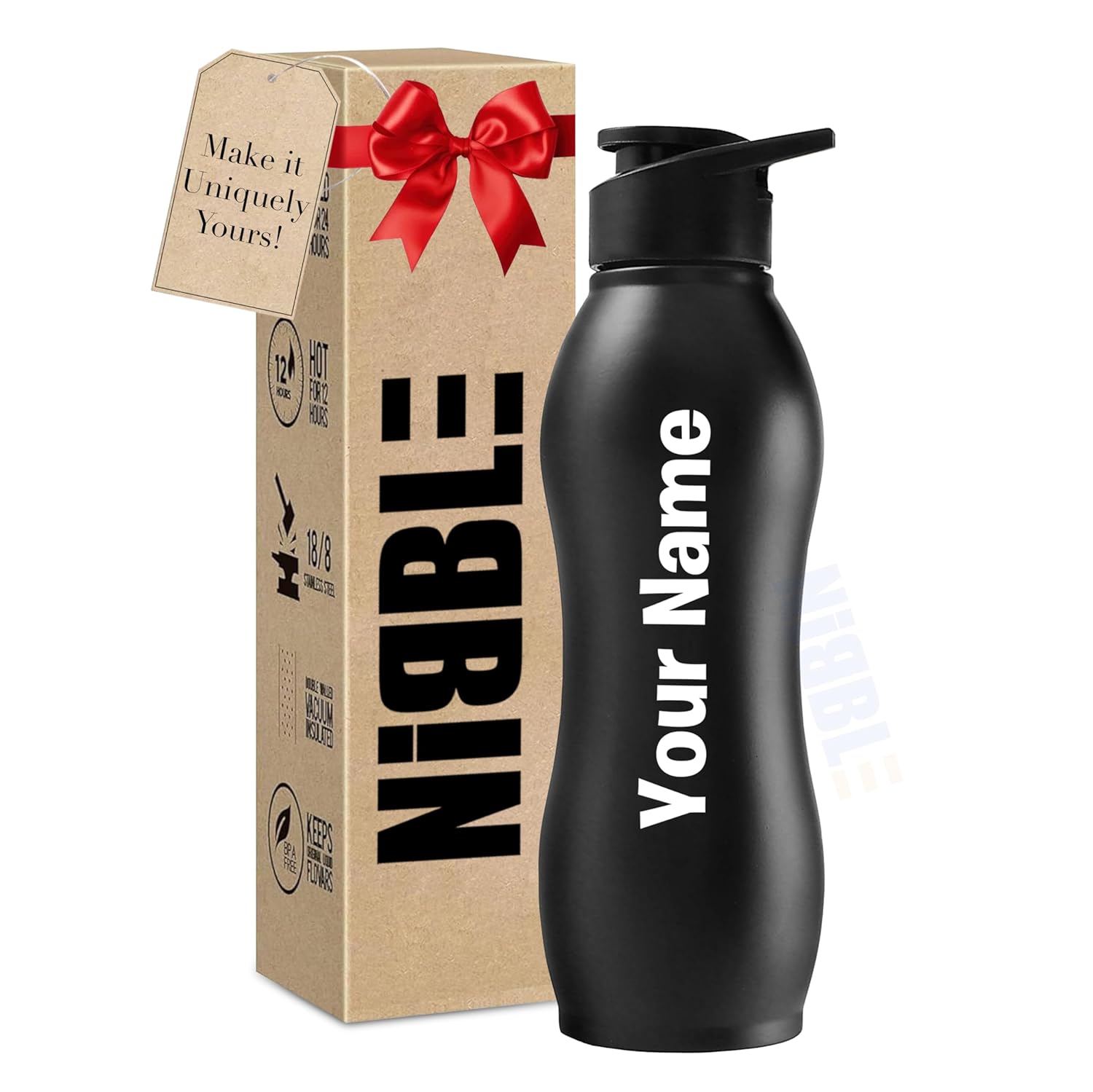NIBBLE Your Name Print Water Bottle, Customize Stainless Steel Bottle 1 Litre, Easy to Carry, Leakproof Sipper, Personalize Corporate Office Gift Set for Men, School, Gym, Home...