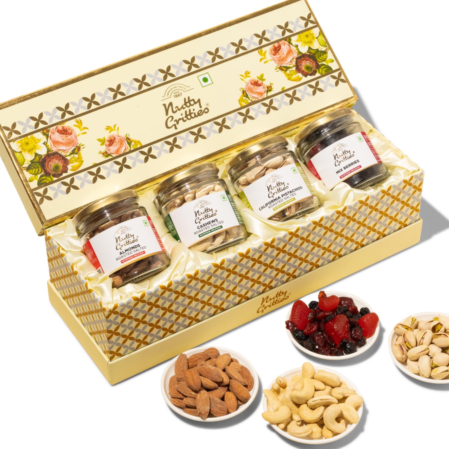 Nutty Gritties Gold Premium Dry Fruits Gift Box 400g - Roasted Salted Almonds, Cashew Nuts, Pistachios, Mix Berries,(Each 100g) Resealable Jar | Healthy Gourmet Snacks I Gift...