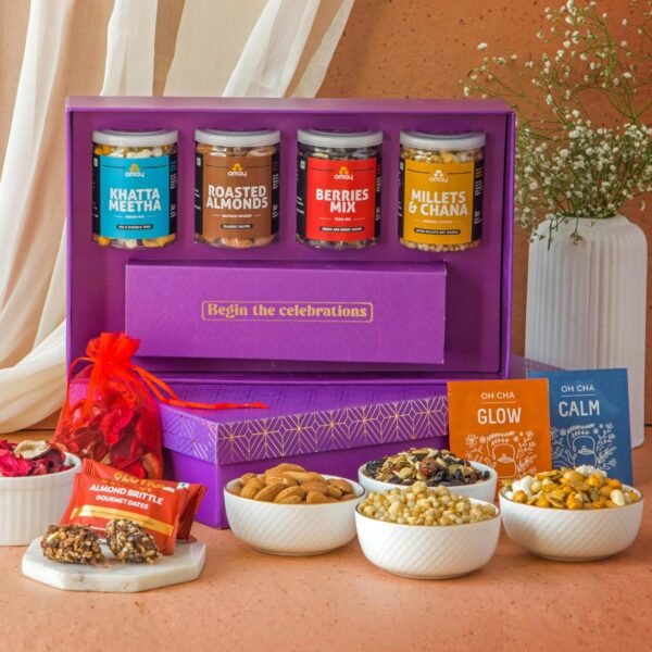 Omay Foods 10 Pcs Sparkling Delights Gift Hamper | Healthy Snacks, Dry Fruits, Nuts | Corporate Gifts for Clients, Employees | Wedding Return Gift, Personal Gifts | Gourmet...