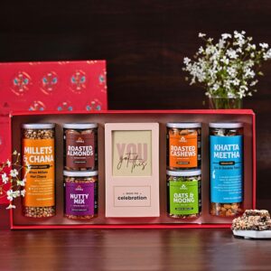Omay Foods 9 pcs_Blissful Delights Gift Box | Healthy Gift Hamper with Roasted Snacks, Dry Fruits & Chocolate Treats | Corporate Gifts for Employees & Clients | Motivation Gift...