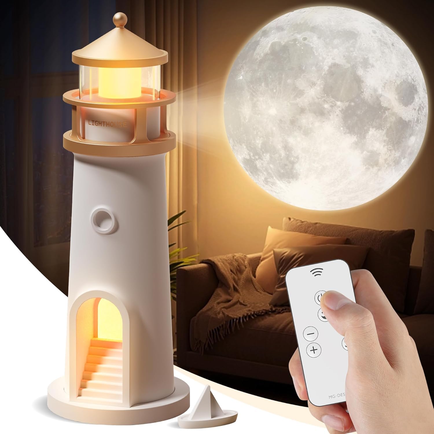 One94Store Lighthouse Lamp Galaxy Moon Projector – LED Night Light with Remote, 4 Brightness Levels, Timer, USB Rechargeable Table Lamp for Kids Bedroom & Aesthetic Room Decor
