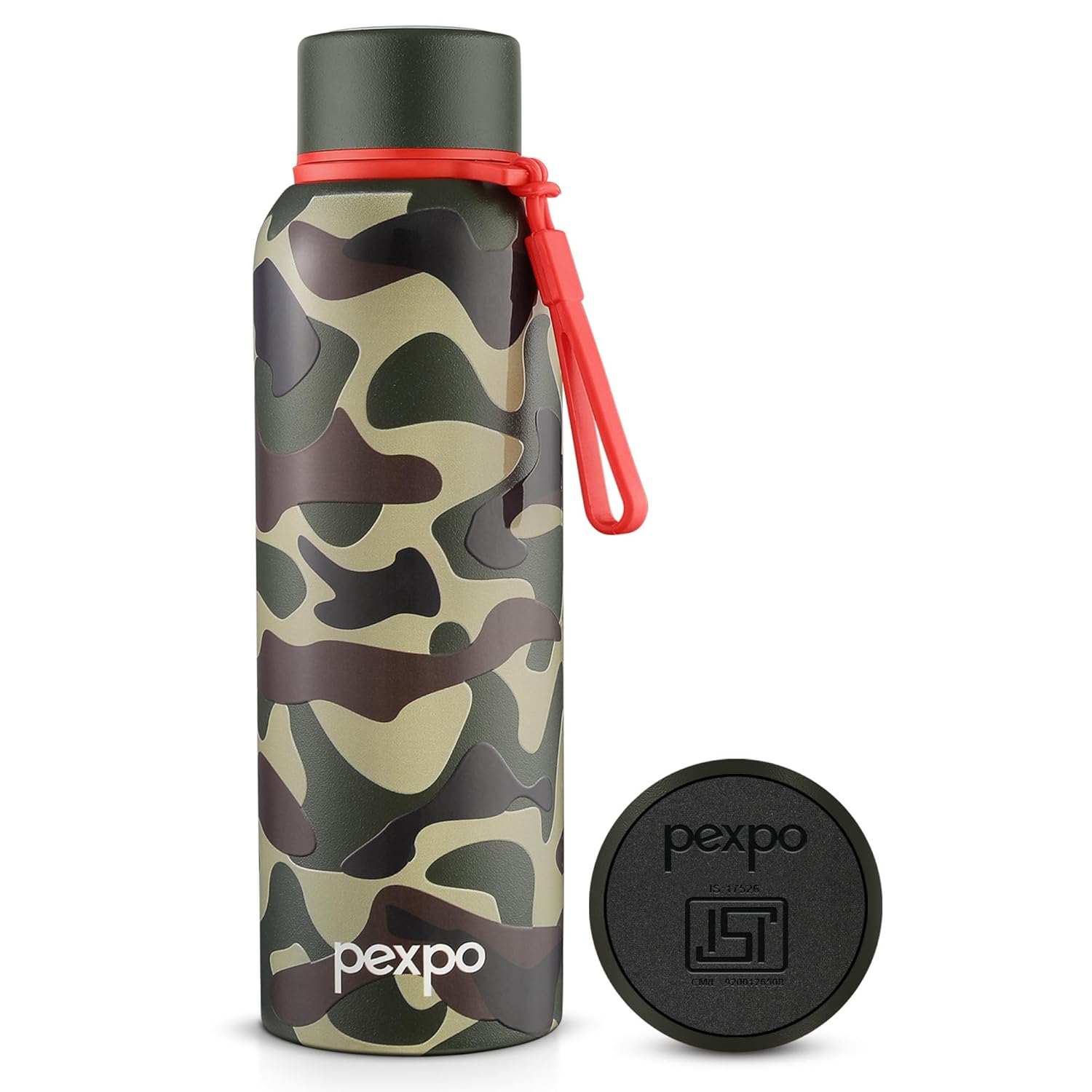 Pexpo Bravo ISI Certified Stainless Steel Water Bottle 700ml, Vacuum Insulated Hot & Cold Flask, Military Green - Camouflage, Ideal for Home, Office, Gym, Outings, and School
