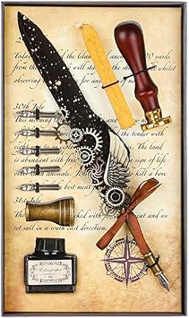 PLUSPOINT Vintage Quill Feather Pen and Ink Set, Elegant Writing Luxury Fountain Calligraphy Ink Pen Set with Wax for Stamp Retro Decor Dip Pen Office Stationery Corporate...