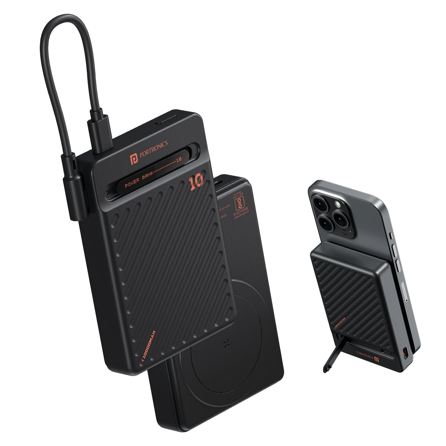 Portronics Chyro 10000mAh 15W Magnetic Wireless Fast Charging Powerbank with MagSafe Mobile Stand,in-Built Type C Cable With 20W Output,For iPhone 12 & Above, Android & Other Qi...