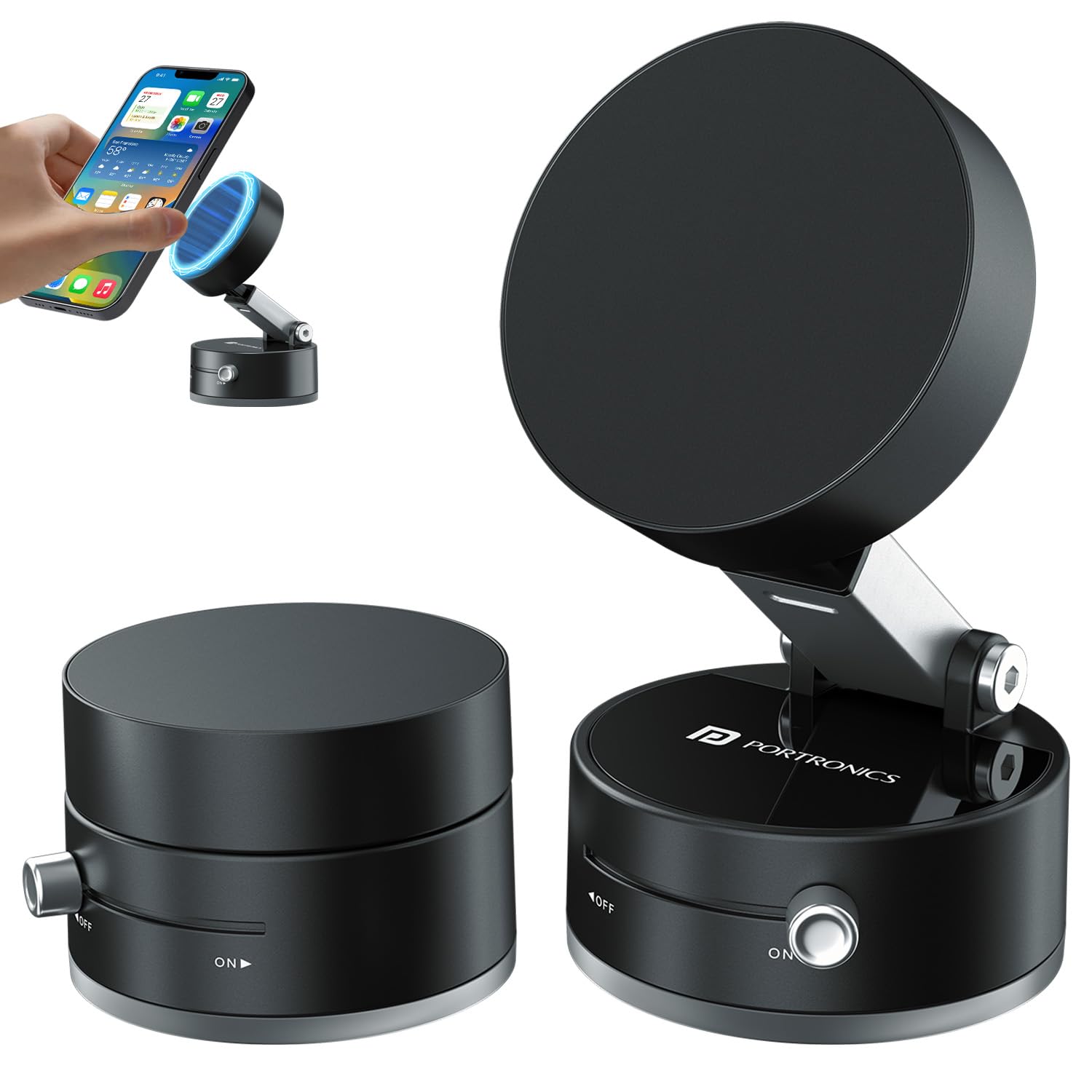 Portronics Hold X Magnetic Vacuum Suction Mobile Holder, Multiple Angle Adjustment, Retractable, Strong Magnetic Attachment, Compatible with iPhone & Android Phone for Car,...