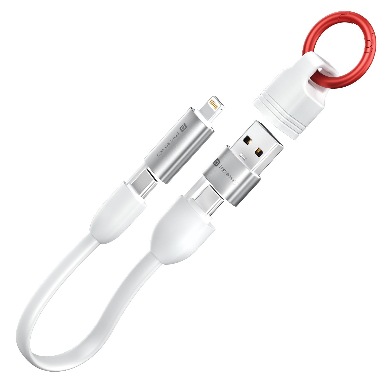 Portronics Keylink 4 in 1 Multifunctional Fast Charging Cable With In Built KeyChain, 25cm Length, Tangle Free Flat Cable, Type C to Type C/Lightening, USB A, Fast Data Sync...