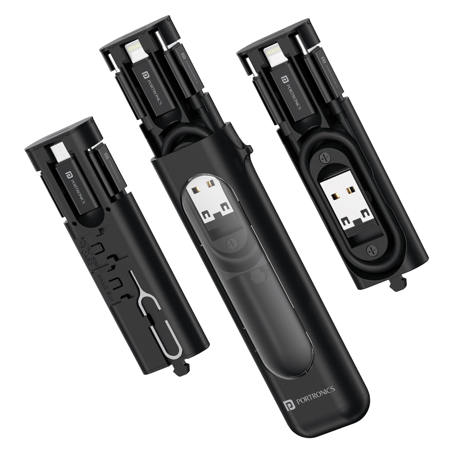 Portronics Snapcase 4 60W Multifunctional Fast Charging Data Cable Transparent Kit, Conversion Set USB A & Type C to Male Micro/Type C/Lightning, Data Transfer, Sim Storage, Sim...