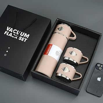 Radiksa Double Wall Stainless Steel Thermo 500ml Vacuum Insulated Bottle Water Flask Gift Set with Two Cups Hot & Cold | Assorted Color | Diwali Gifts for Employees | Corporate...